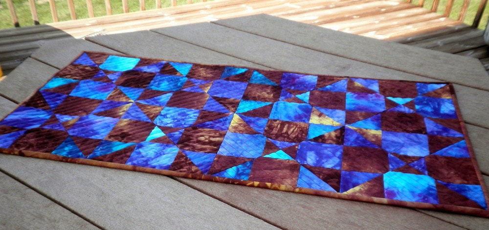 Quilted Table Runner  Spinning Nines in Hand Dyed Magic Blue Golden Brown