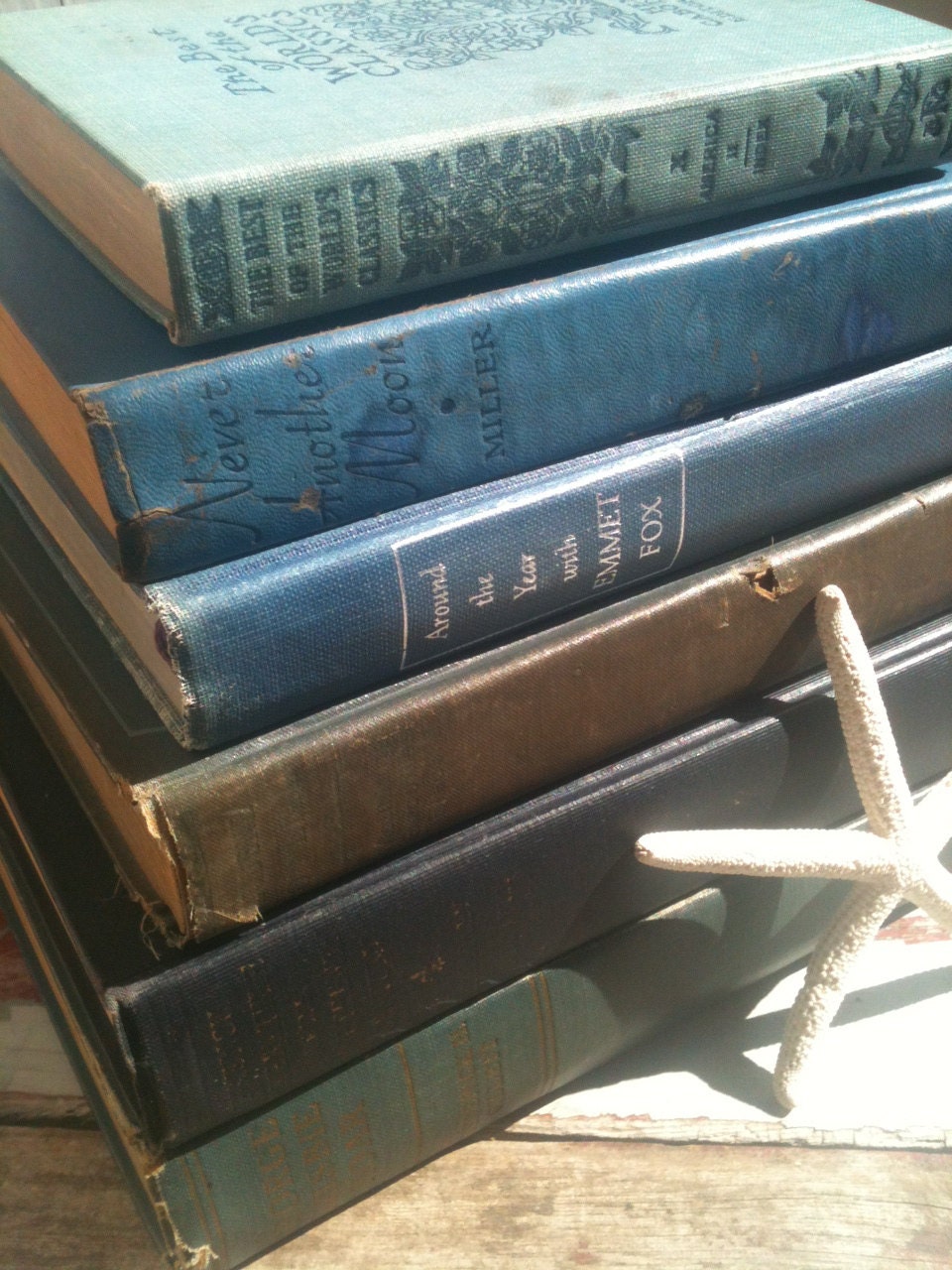French Country,Distressed Decor, Christmas Gift,Ombre,Beach,Blue Green Books,Book Collection, Vintage,Old Books,Interior Design