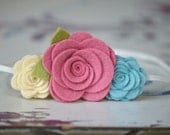 Girls Flower Headband - Pink Cream Aqua Felt Flower Trio of Roses - Headband For Newborn Baby, Infant, Toddler and Child