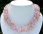 Statement necklace, pink peach, multistranded, one of a kind luxury jewelry for women, Swarovski crystal glass sterling silver