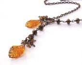 Amber Glass Leaves Lariat Necklace in Antique Copper and Swarovski Crystals