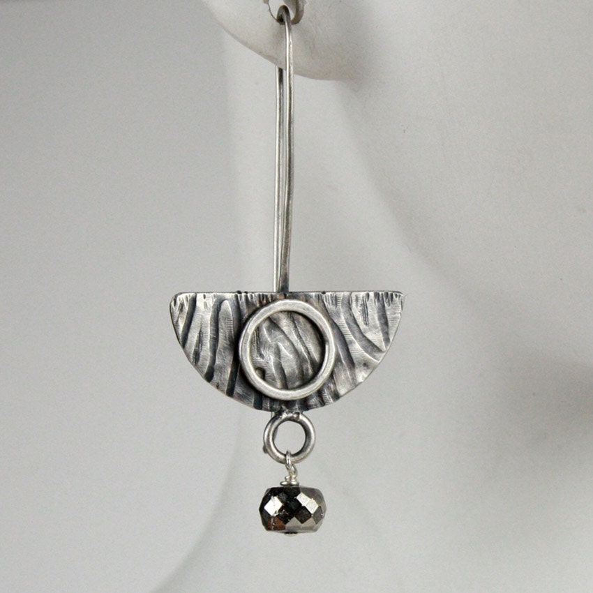 Tribal Silver Earrings, Half Moon with Pyrite Dangle