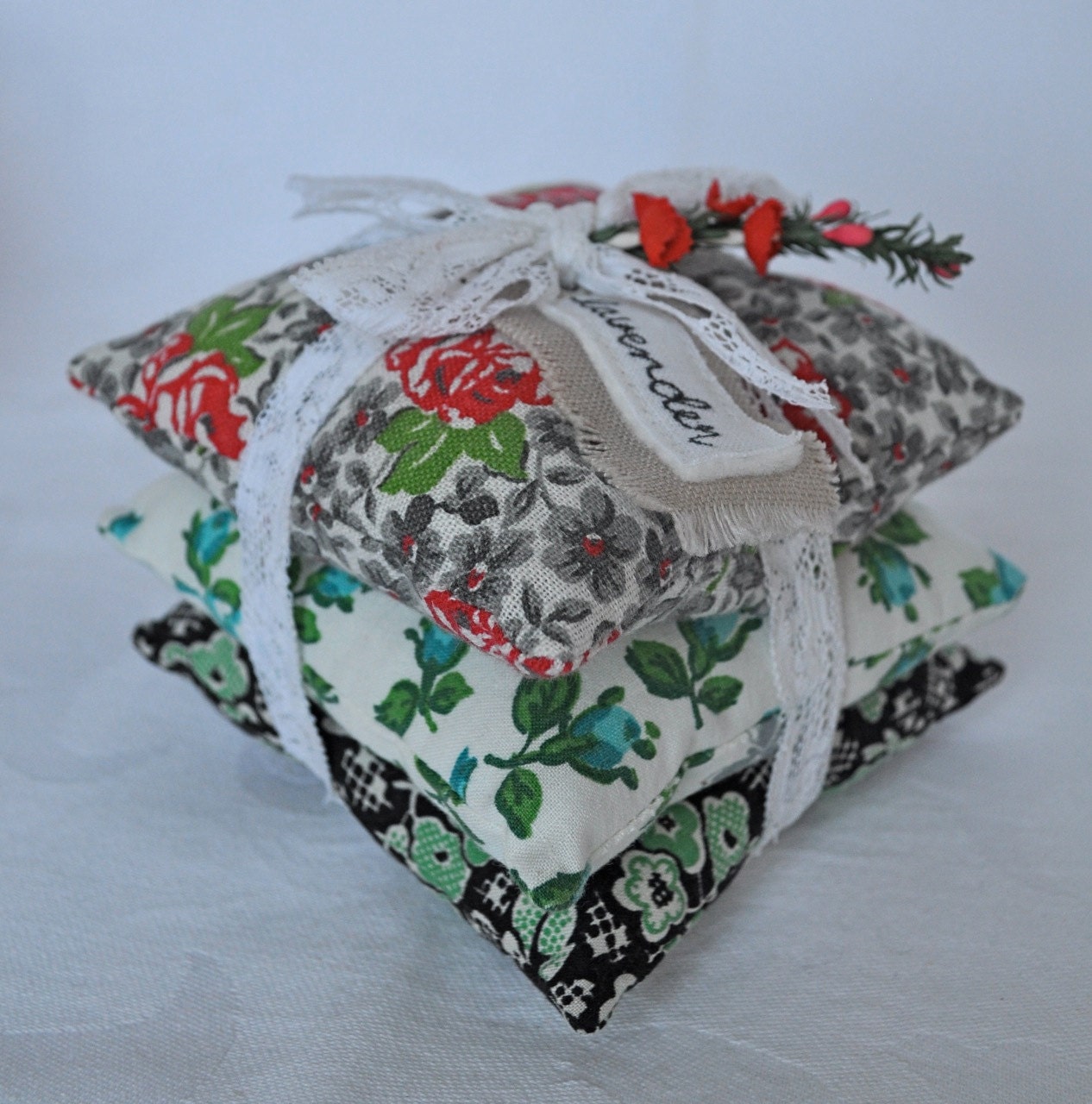 Lavender Filled Vintage Fabric Pillow Stack - Red Rose