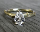 Pear White Sapphire Twig Ring in White or Yellow Gold