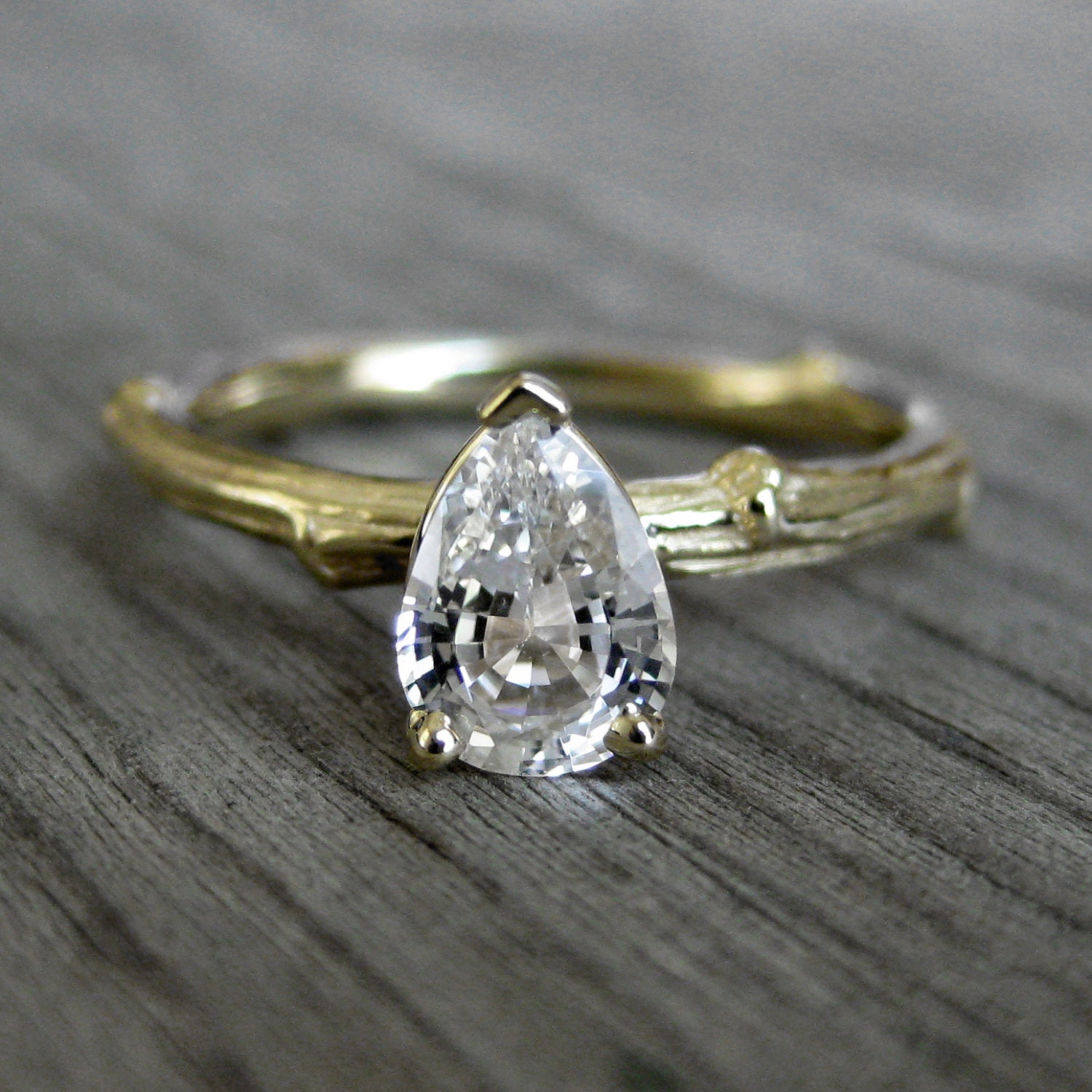 Pear White Sapphire Twig Ring in White or Yellow Gold