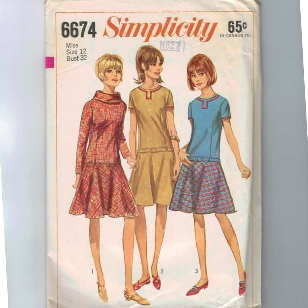 1960s Vintage Sewing Pattern Simplicity 6674 Drop Waist Dress Size 12 Bust 32 1966 60s B32