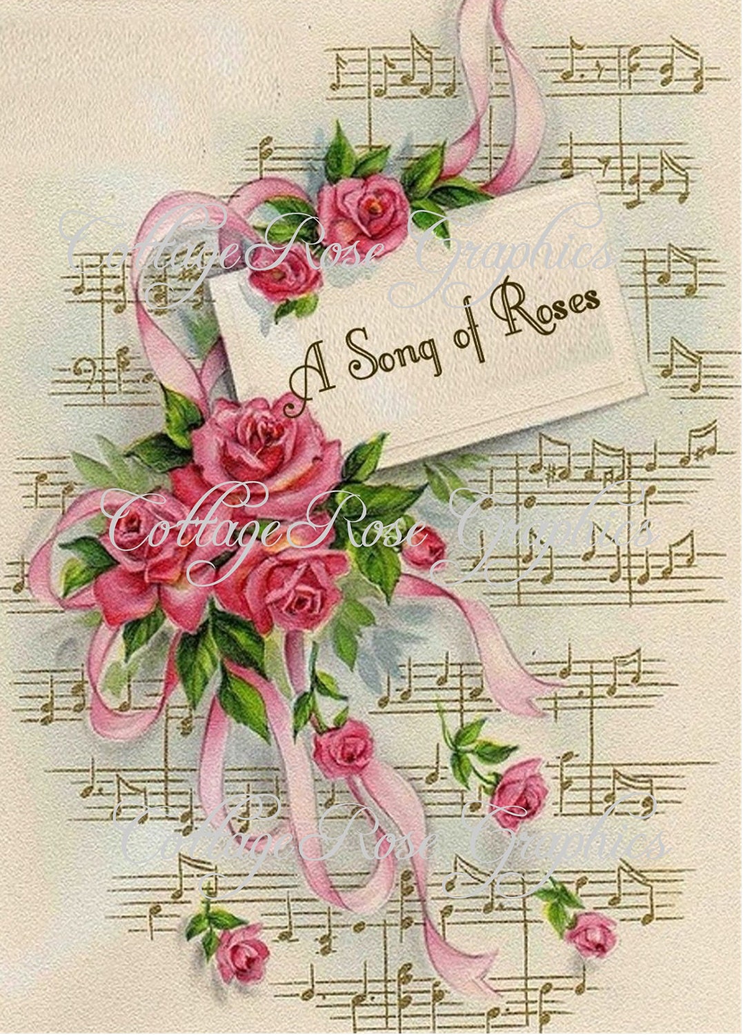 Large digital download A song of Roses pink roses 5x7 vintage sheet music greeting card