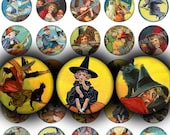CLASSIC WITCHES - Digital Printable Collage Sheet - Vintage Halloween Witches, Cauldrons & Black Cats, 1" Circle, 25 mm, Instant Download