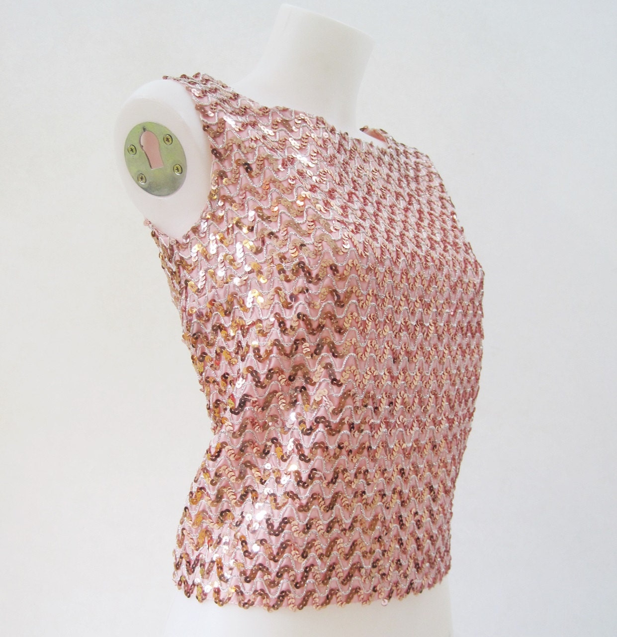 60s Top Vintage Pink Copper Sequin Cocktail Shell Top Evening Blouse S XS