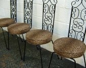 4 Leopard Cushion Iron Tall Back Chairs Chic Retro Decor Vintage 60's Free Shipping
