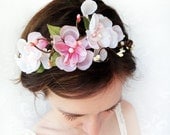 pink organza hair flower circlet, bridal head piece, flower girl hair garland - CHERUBIM - flower hair wreath