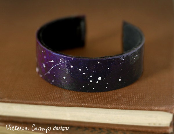 Hand Painted Personalized Constellation Cuff Bracelet, Custom, Glow in the Dark, Zodiac, Astronomy, Star Crossed Lovers - VictoriaCampDesigns