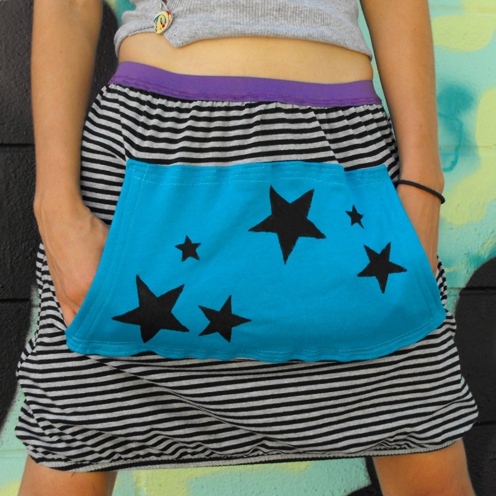Repurposed Black and Grey Striped Skirt with Turquoise Pocket: Size Medium