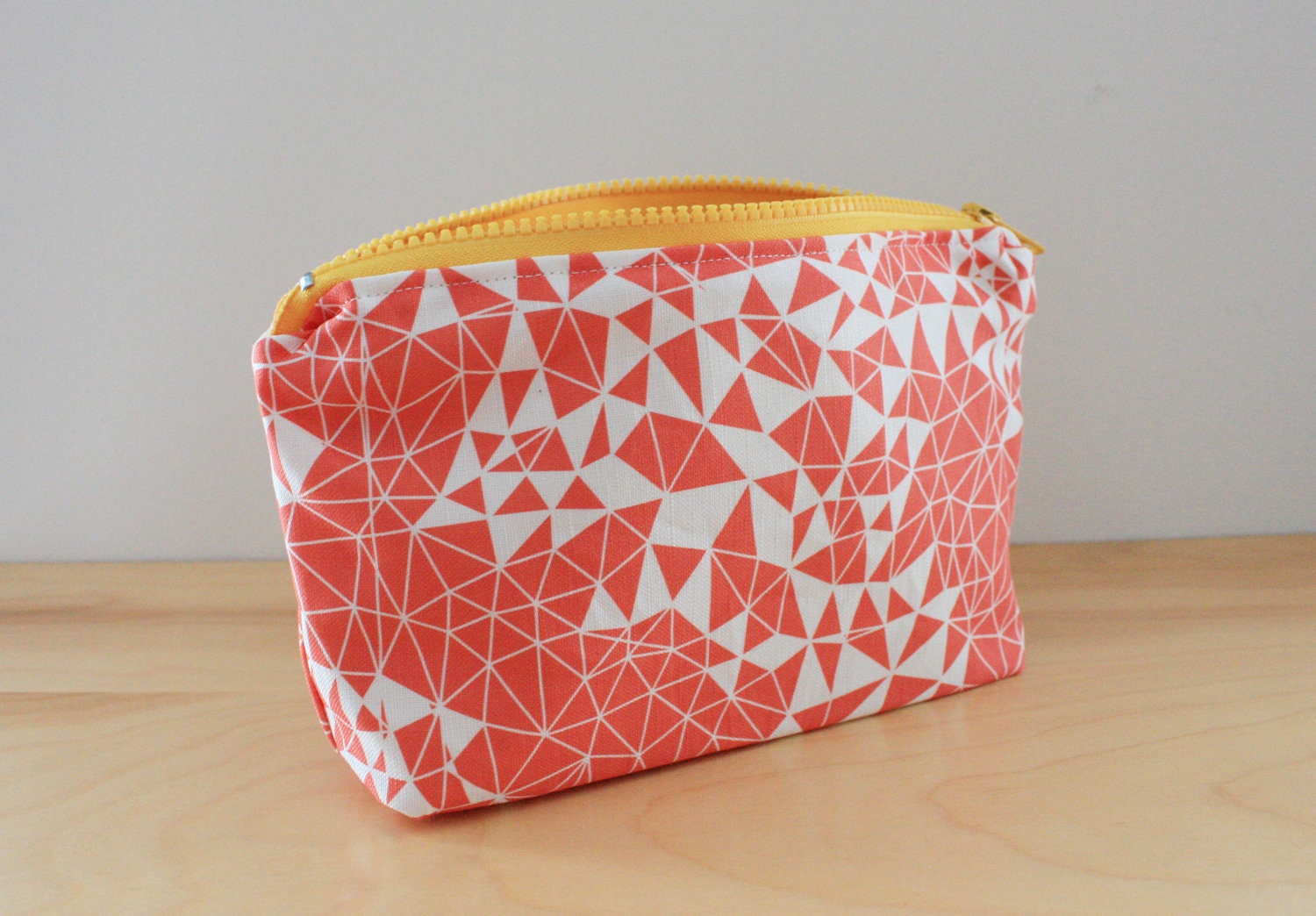 Coral Geometric fabric with Buttercup Yellow accents Cosmetic Bag - 9 in x 6 in Zip Pouch - wickedmint
