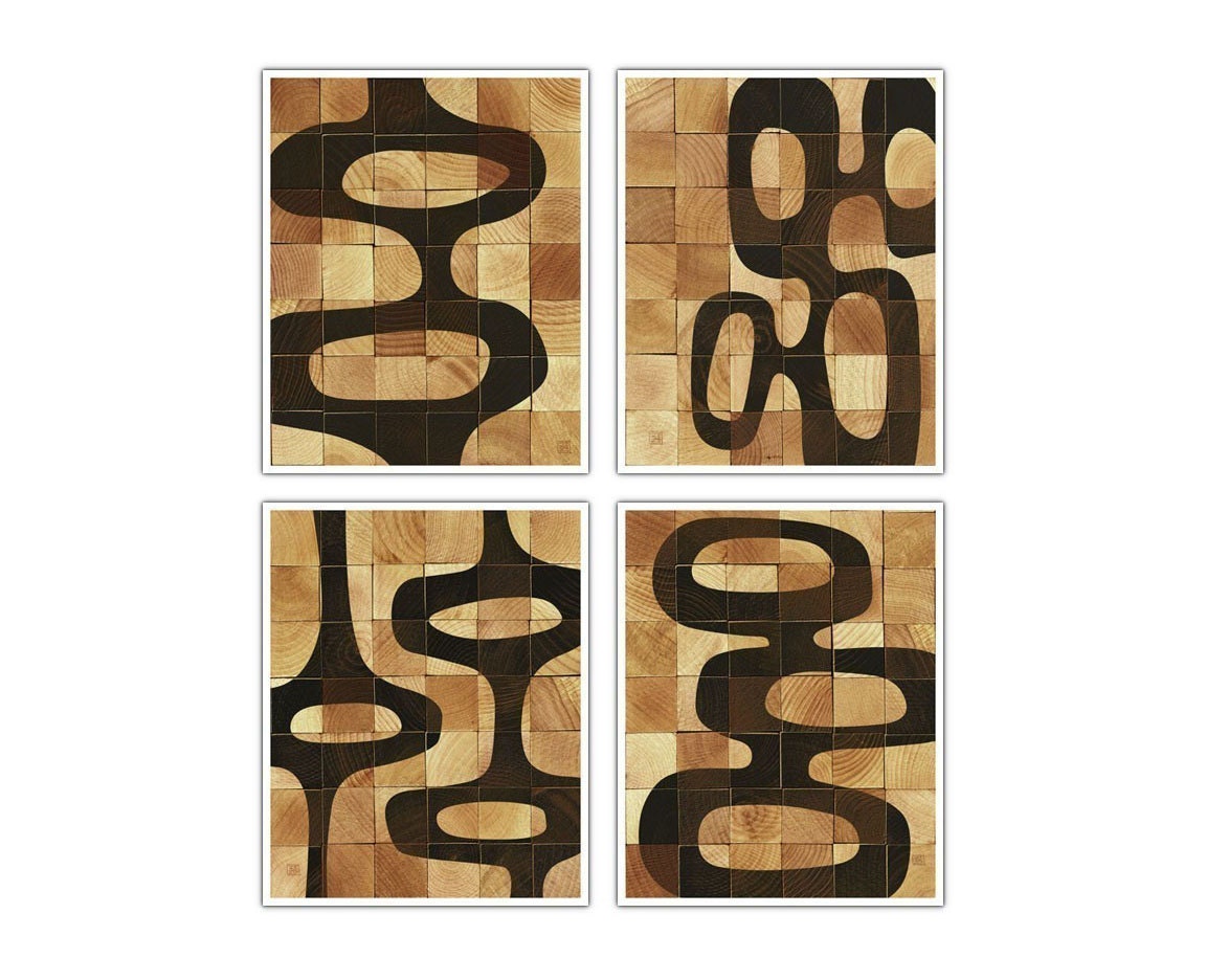Mid Century Modern Abstract Wood Block Print Set--CELLBLOCK Series--8x10 Prints--4 pc