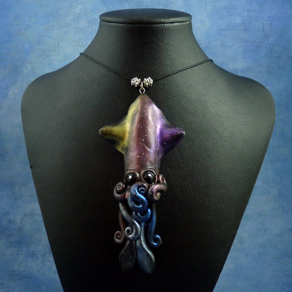 Deep Space Squid Necklace, Polymer Clay Jewelry Pendant