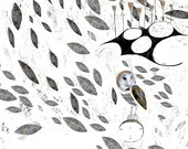 Jizo With an Owl and Bird in Falling Leaves - Digital illustration - Print
