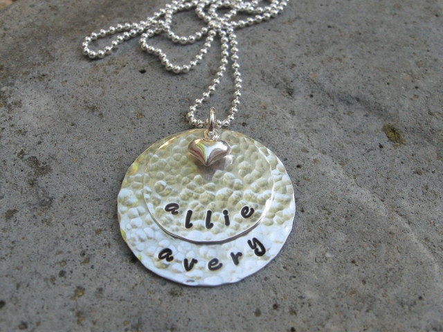 HAMMERED two stacked disc necklace with puffed heart charm, personalized Hand Stamped