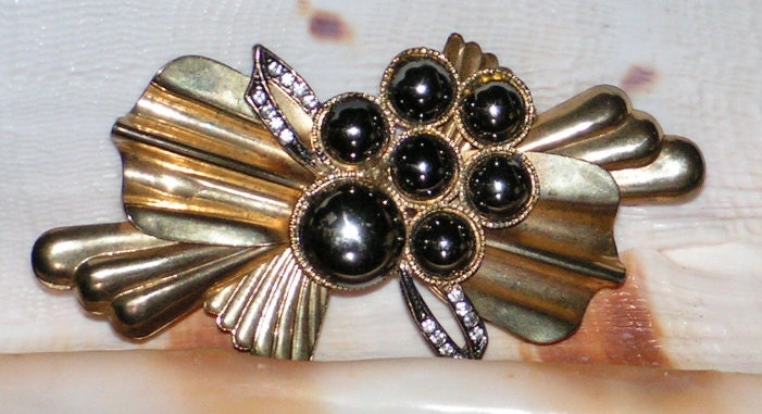 Vintage Brooch Sash Pin Brass Black Cabochons Rhinestone Crystals