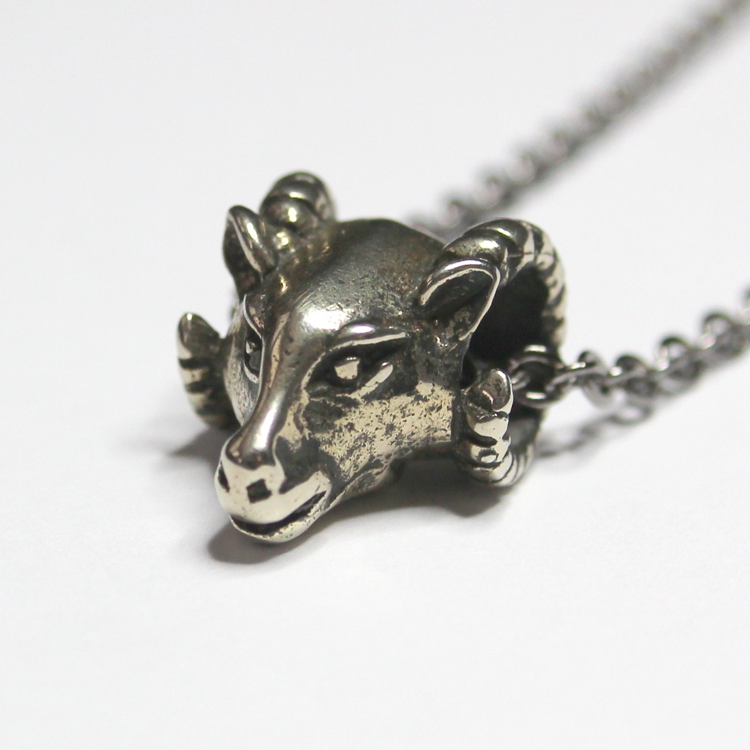 Silver Ram Head Necklace in Solid White Bronze Rams Head Sliding Bead Pendant