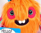 Macon the MonsterFriend unique furry monster plush orange with black and blue ears