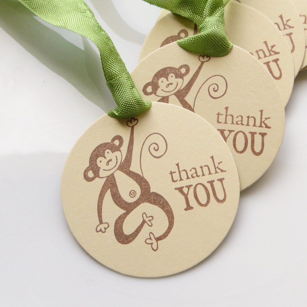 Monkey Thank You Tags - Set of 6 - Custom Colors Available - Birthday Party Favor Tags Monkey Birthday Party Safari Party Tags Il_570xn