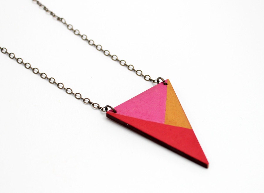 Wooden geometric triangle necklace - red, pink, mustard yellow - minimalist, modern jewelry - color blocking