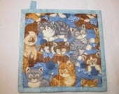 Kittens Potholder:  Insulbrite Quilted Orange and gray tabby Cats Blue, gift for cook or Cat lover, ready to ship