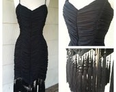 VINTAGE 80s ruched and fringed sweetheart body con dress