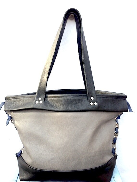 Items similar to Leather Extra Large Tote, Shoulder Bag, Grey and Black