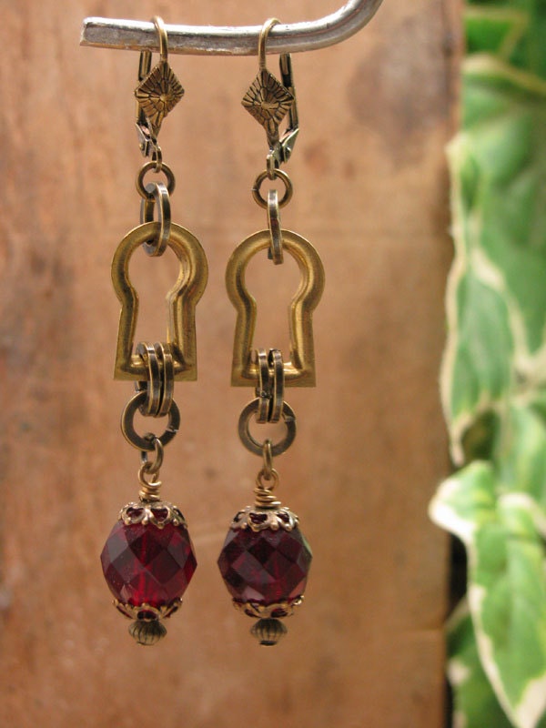Upcycled Jewelry - Brass Keyhole Escutcheon Dangle Earrings with Ruby Red Glass Beadwork