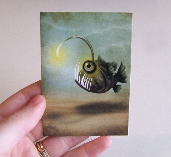 ACEO ATC Angler Fish Print Artists Trading Card "Mr. Fishy on His Own" Mini Premium Giclee Print 2.5x3.5 Underwater Sea Monster Green Yellow