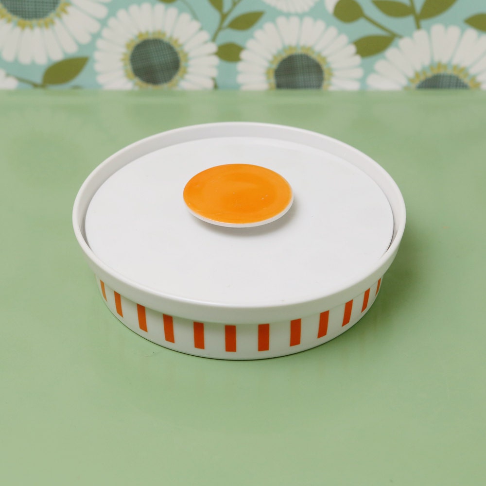 Vintage Schmid Porcelain Bowl with Lid, Orange, White, Stripped, LaGardo Tackett