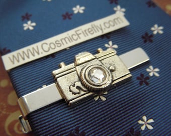 Men's Tie Clip Camera Tie Clip Vintage Inspired Men's Gifts For Him Silver Tie Clip Swarovski Lens
