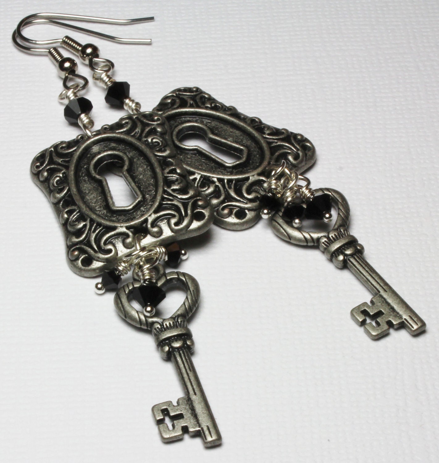 Handmade Jewelry Earrings Beaded Steampunk Skeleton Keys Locks Metal Crystal Long Antique Silver Black Long Dangle...Victoria