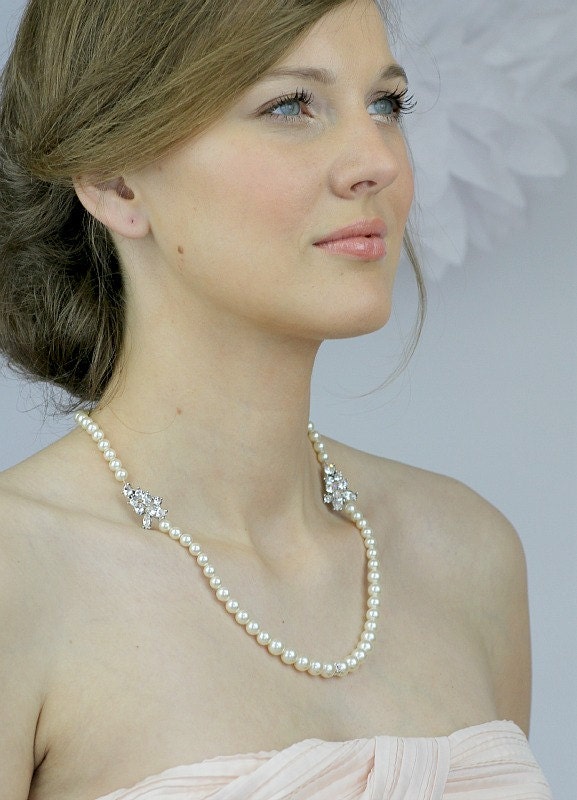 Statement Pearl Wedding Bridal Necklace, Vintage Style Wedding Necklace, Simple Rhinestone Necklace - Style 721