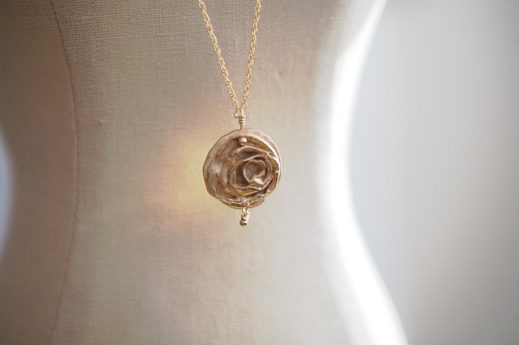 Gold Bronze Rose Pendant Necklace