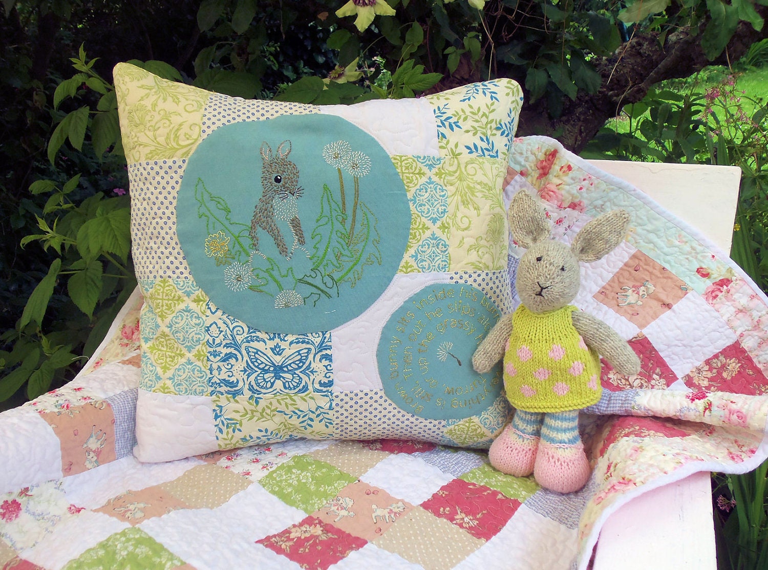 Dandelion Bunny Quilted and Embroidery Cushion (Pillow) Cover
