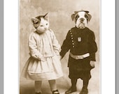 Smitten by a Kitten, 11 X 14 matted photograph of English bulldog puppy wearing clothes shows opposites attract