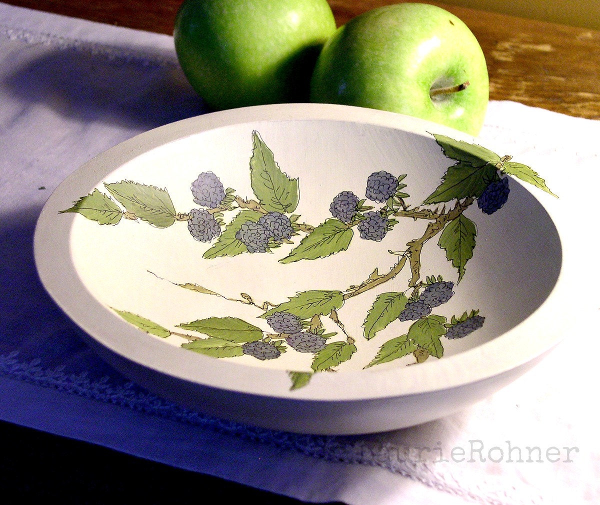 Painted Farmhouse Bowl Wooden Maple Decorative with Blackberries 9 inch