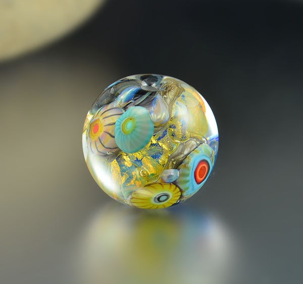 Deep Sea Reef Series - Round Focal Bead - Encased Murrini & Opal Silver Glass SRA Lampwork - pale iridescent green gold ivory aqua