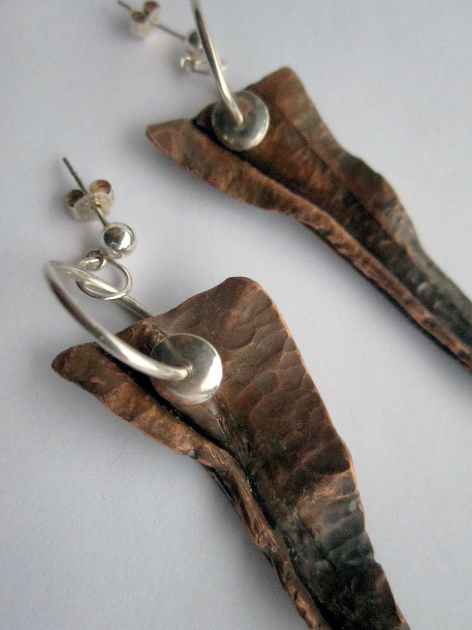 Fold Formed Copper Dagger Earrings, Black Patina and Sterling Silver