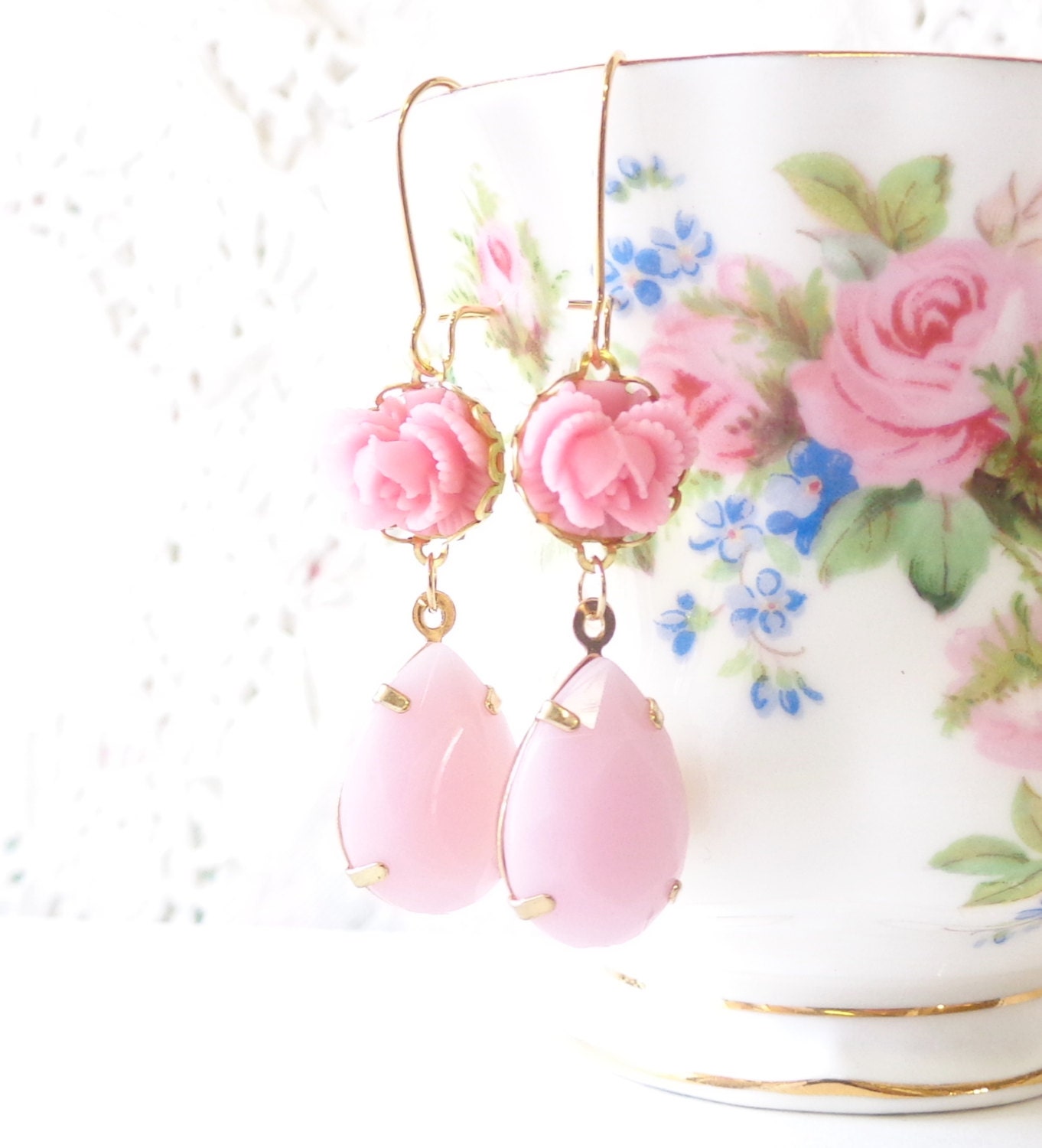 Pretty In Pink - Vintage Jewel Flower Earrings - Pink Rhinestone - Ruffled Rose - Bride