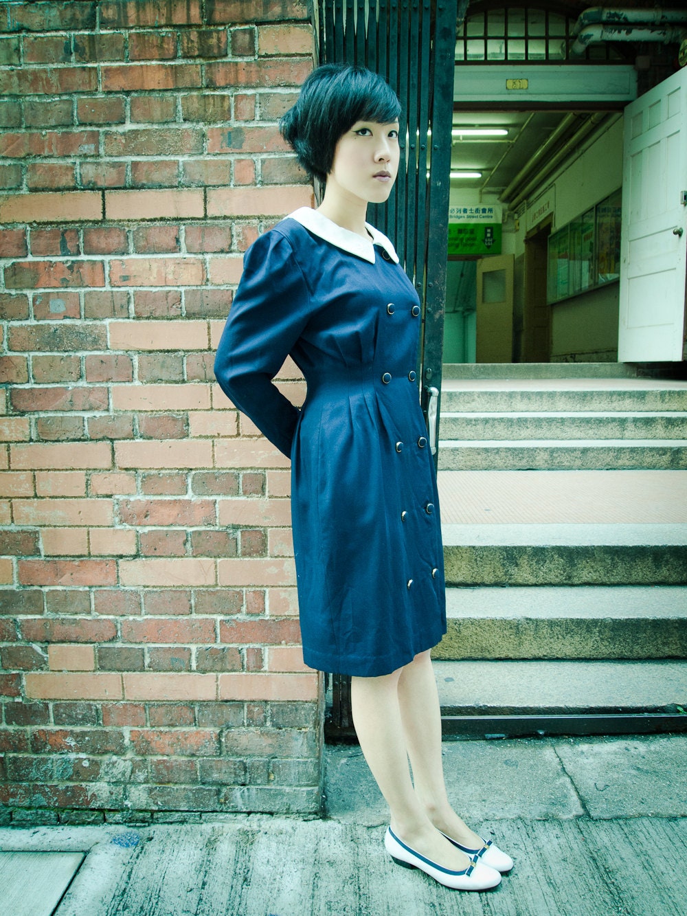 Peter pan collar dress peplum embroidery double button panels