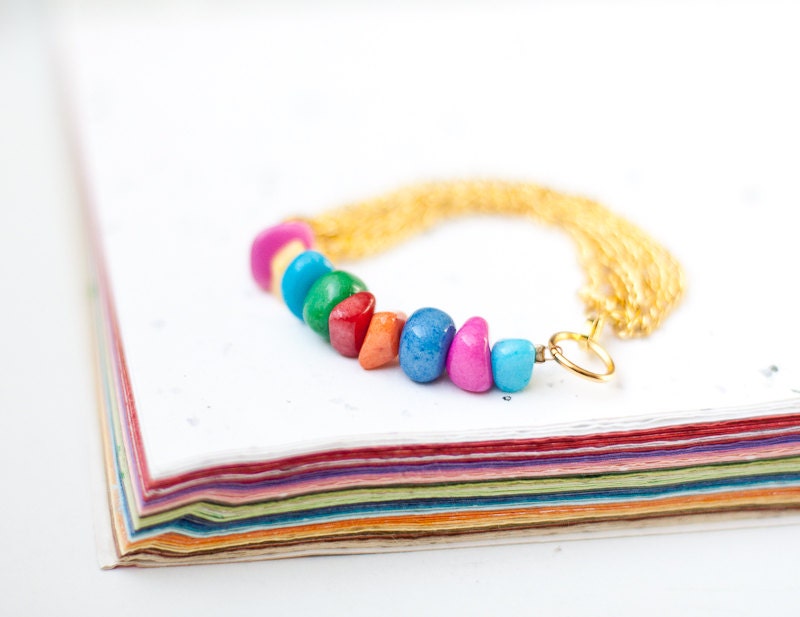 Gold Chain Bracelet Colorful Jade rainbow Modern jewelry Boho Glam Bohemian fashion free shipping rusteam