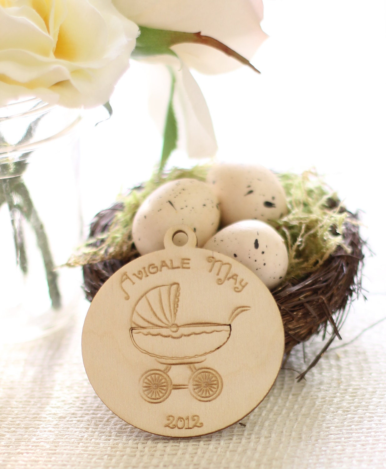 Personalized Babies First Christmas Ornament Engraved Wood Rustic Chic Holiday Decor Baby Carriage