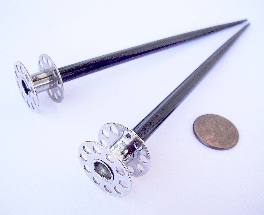 Sewing Bobbin and Pearl Hair Sticks - eco-friendly repurposed parts and black vintage japanese cedar wood chopsticks.