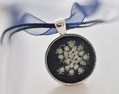 Queen Anne's Lace Flower Photo Pendant titled Utopia on a Navy Blue Background