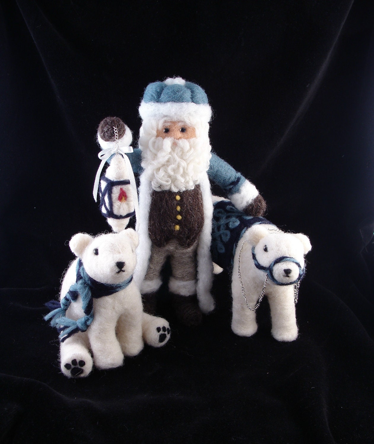 One-of-a-kind Christmas Needle Felt Santa Claus and Polar Bears Figure Decoration Animal Soft Sculpture by McBride House