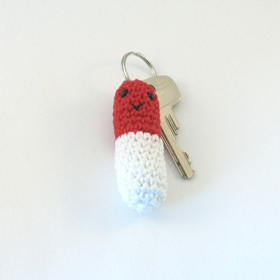 Happy pill keychain - crochet dangle, zipper pull, plushie keychain - amigurumi